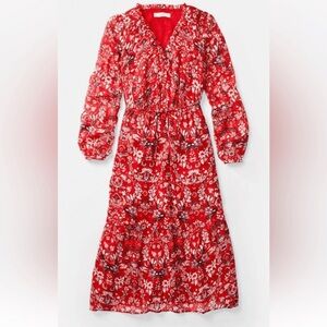 LOFT Red Floral Ruffle-Trim Button Blouse